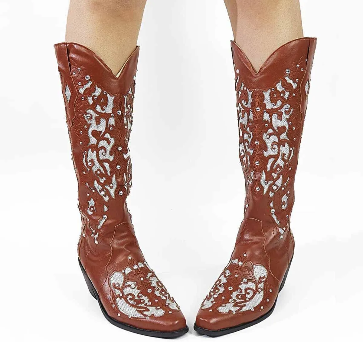 Cubicbee Women's Glitter Inlay Rhinestones Cowgirl Cowboy Boots Anti Slip Mid Calf Boots Fashion Work Western Boots