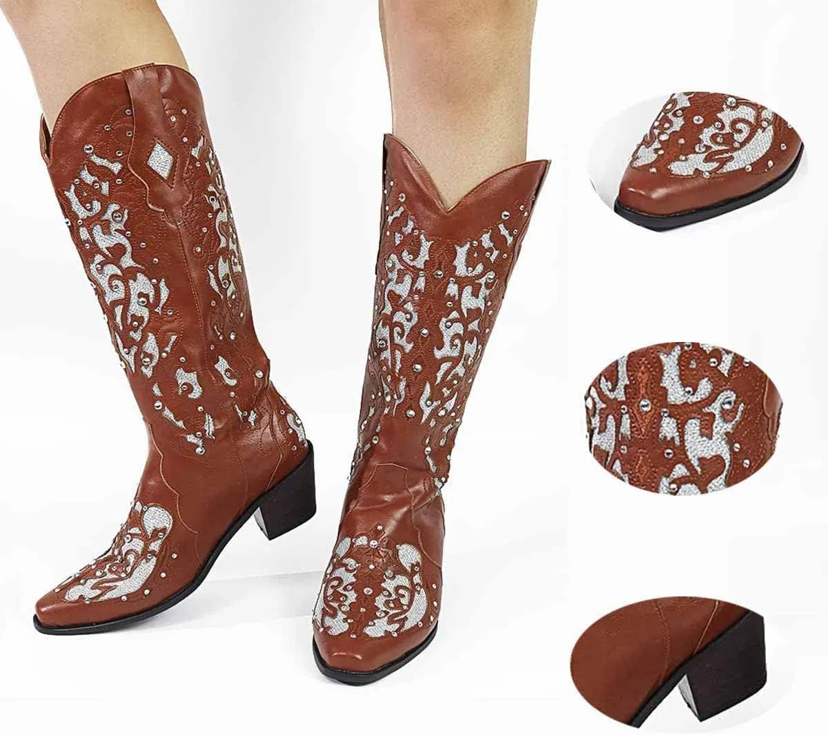 Cubicbee Women's Glitter Inlay Rhinestones Cowgirl Cowboy Boots Anti Slip Mid Calf Boots Fashion Work Western Boots
