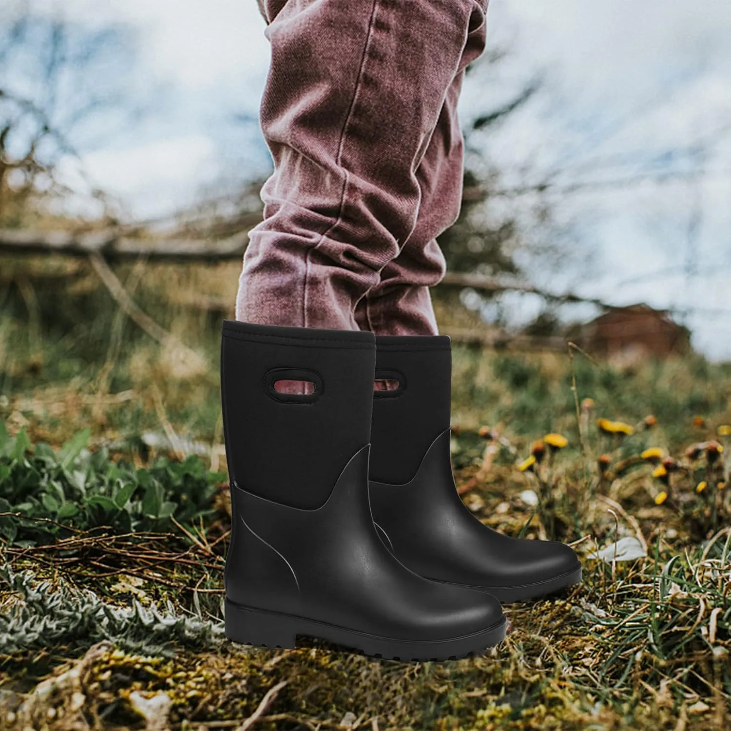 DKSUKO Women Rain Boots Waterproof,Rubber Tall Pull on Insulated Snow Mud Shoes