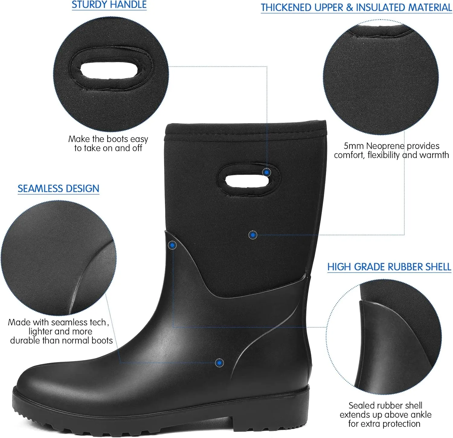 DKSUKO Women Rain Boots Waterproof,Rubber Tall Pull on Insulated Snow Mud Shoes