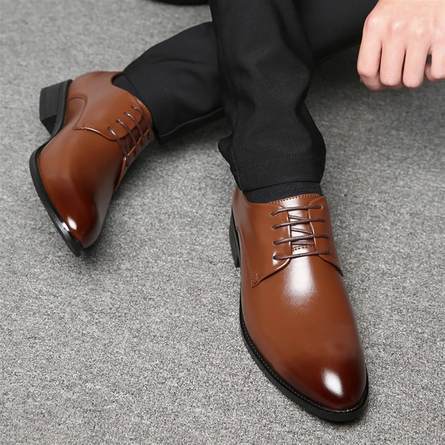 Dress Oxford for Men Lace Up Derby Shoes Burnished Toe Vegan Leather Low Top Rubber Sole Resistant Non Slip Block Heel Classic