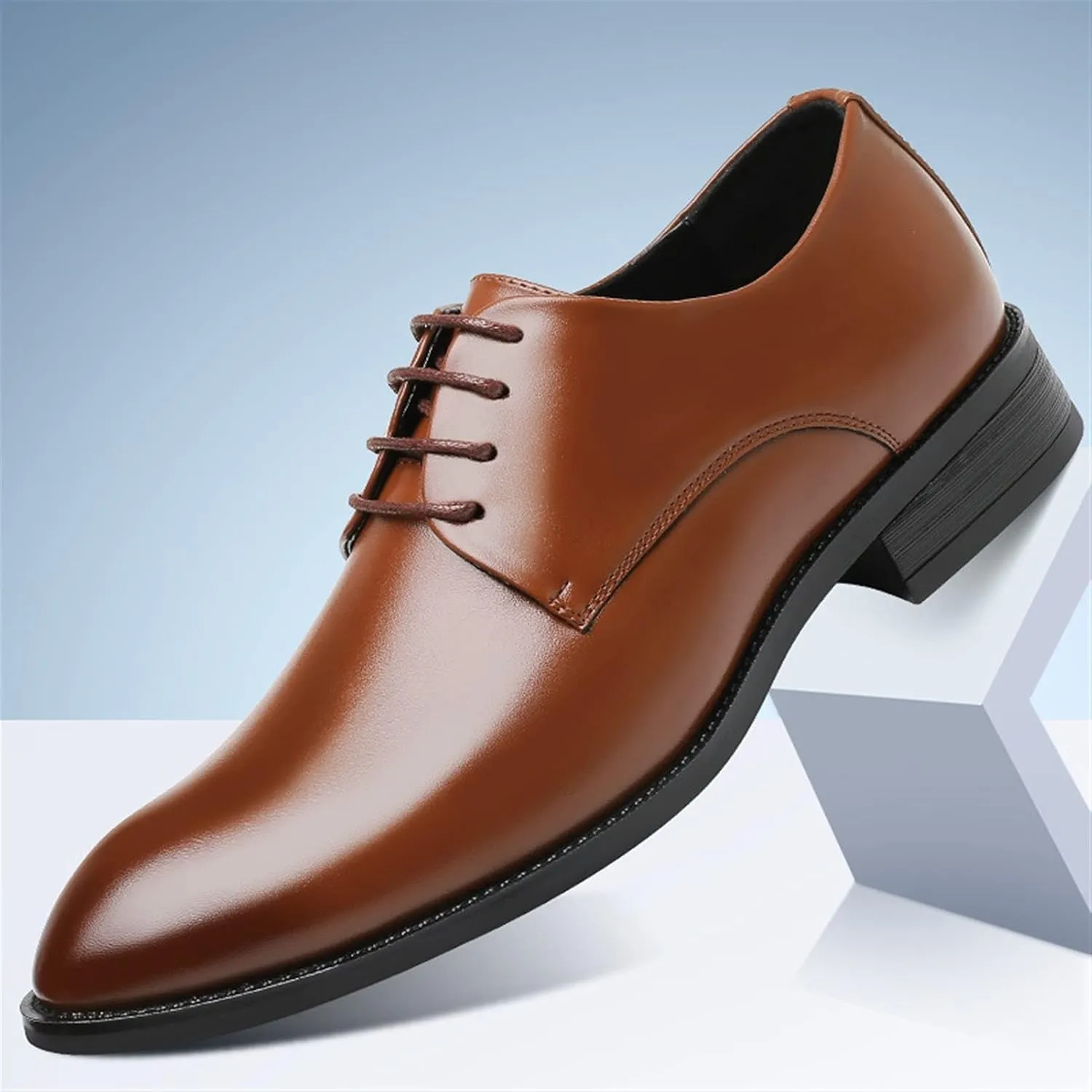 Dress Oxford for Men Lace Up Derby Shoes Burnished Toe Vegan Leather Low Top Rubber Sole Resistant Non Slip Block Heel Classic