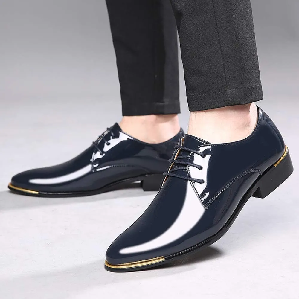 Dress Shoes Men Classic Pointed-Toe Patent Leather Lace-up Formal Oxford Shoes Black Brown Red Grey