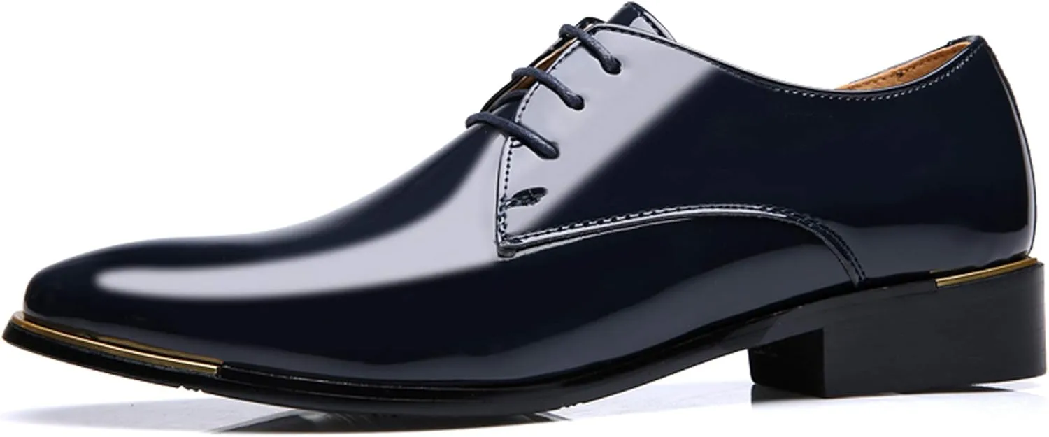 Dress Shoes Men Classic Pointed-Toe Patent Leather Lace-up Formal Oxford Shoes Black Brown Red Grey