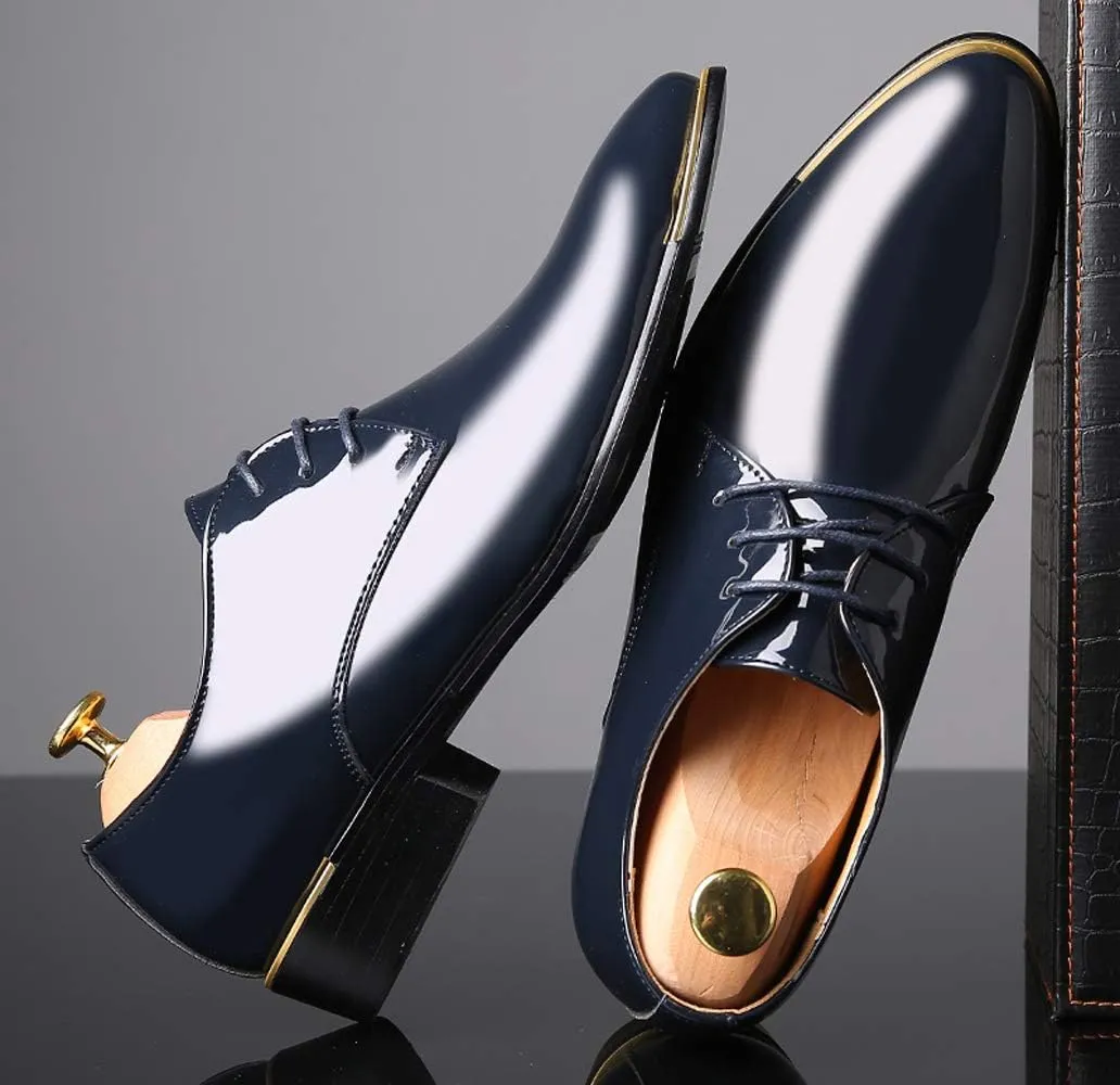 Dress Shoes Men Classic Pointed-Toe Patent Leather Lace-up Formal Oxford Shoes Black Brown Red Grey