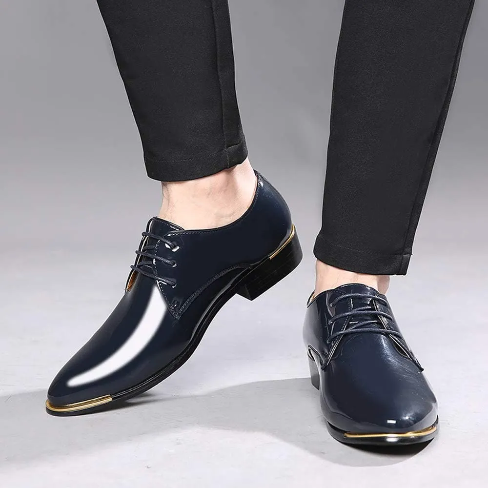 Dress Shoes Men Classic Pointed-Toe Patent Leather Lace-up Formal Oxford Shoes Black Brown Red Grey