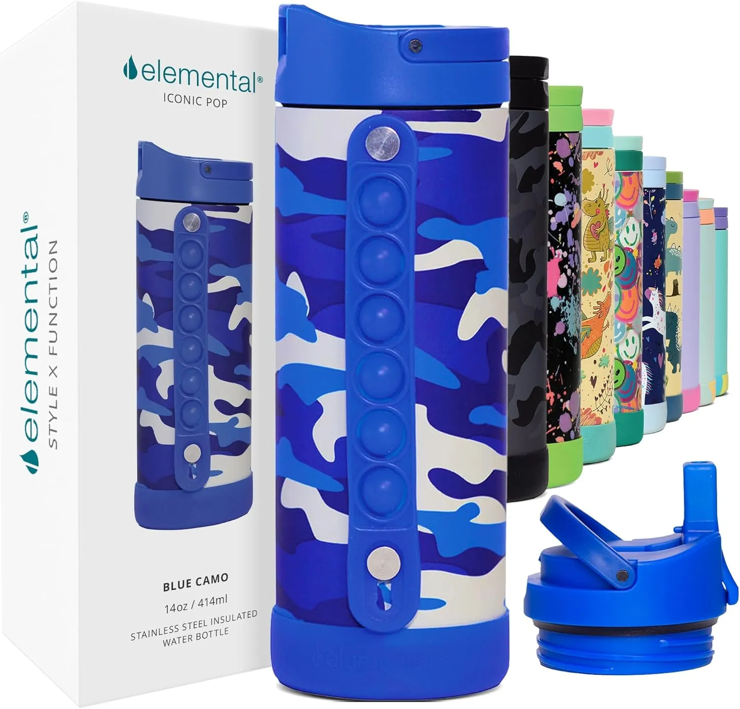 Elemental Iconic Kids Insulated Water Bottle with Straw Lid & Stress Reliever Pop-It Handle, Leak-Proof When Closed - Stainless Steel, 14oz - Blue Camo
