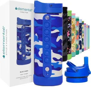 Elemental Iconic Kids Insulated Water Bottle with Straw Lid & Stress Reliever Pop-It Handle, Leak-Proof When Closed - Stainless Steel, 14oz - Blue Camo