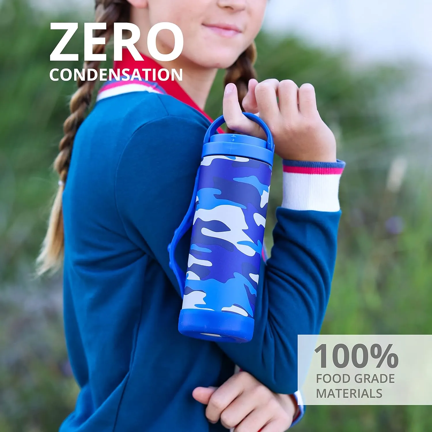 Elemental Iconic Kids Insulated Water Bottle with Straw Lid & Stress Reliever Pop-It Handle, Leak-Proof When Closed - Stainless Steel, 14oz - Blue Camo