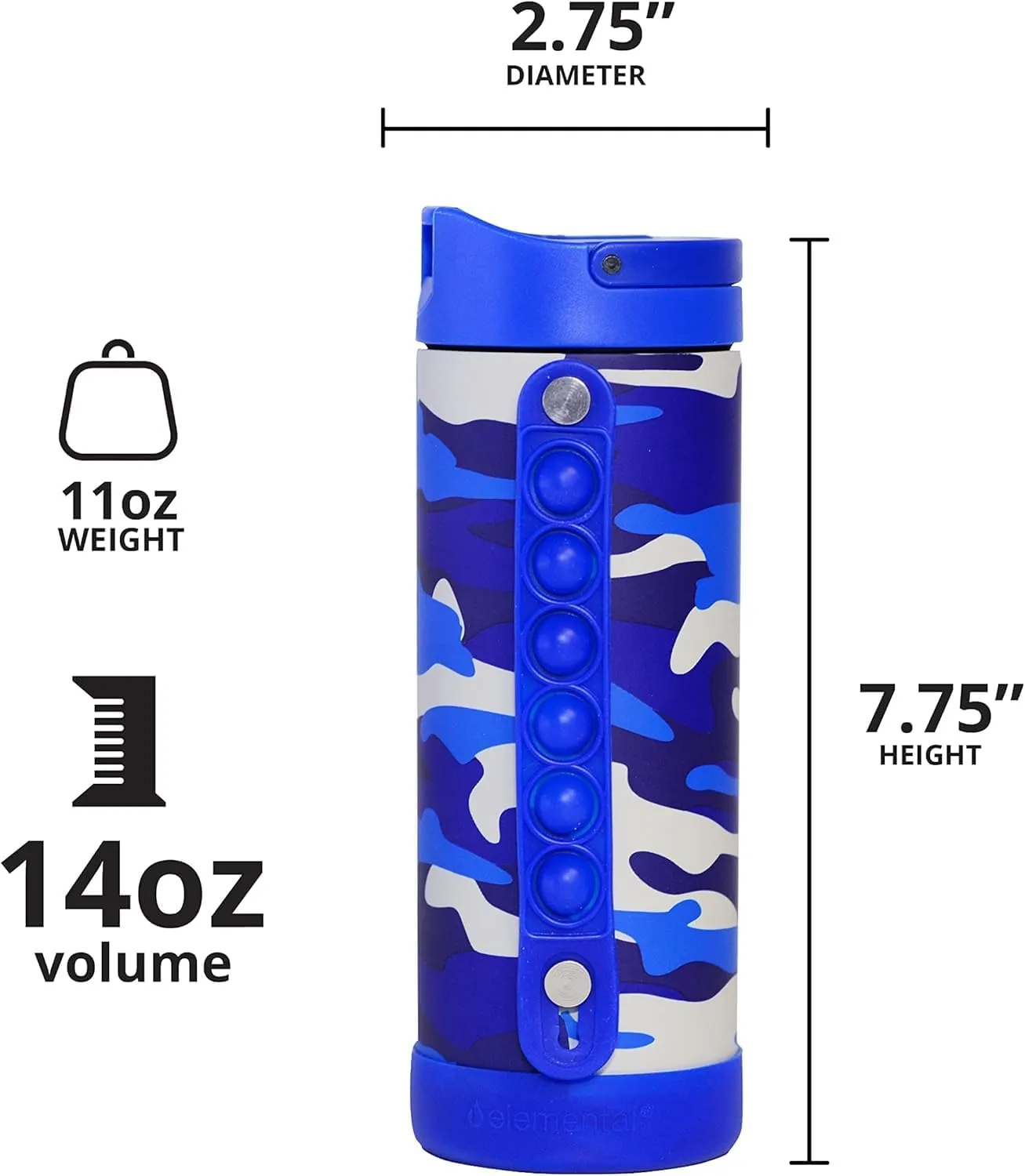 Elemental Iconic Kids Insulated Water Bottle with Straw Lid & Stress Reliever Pop-It Handle, Leak-Proof When Closed - Stainless Steel, 14oz - Blue Camo