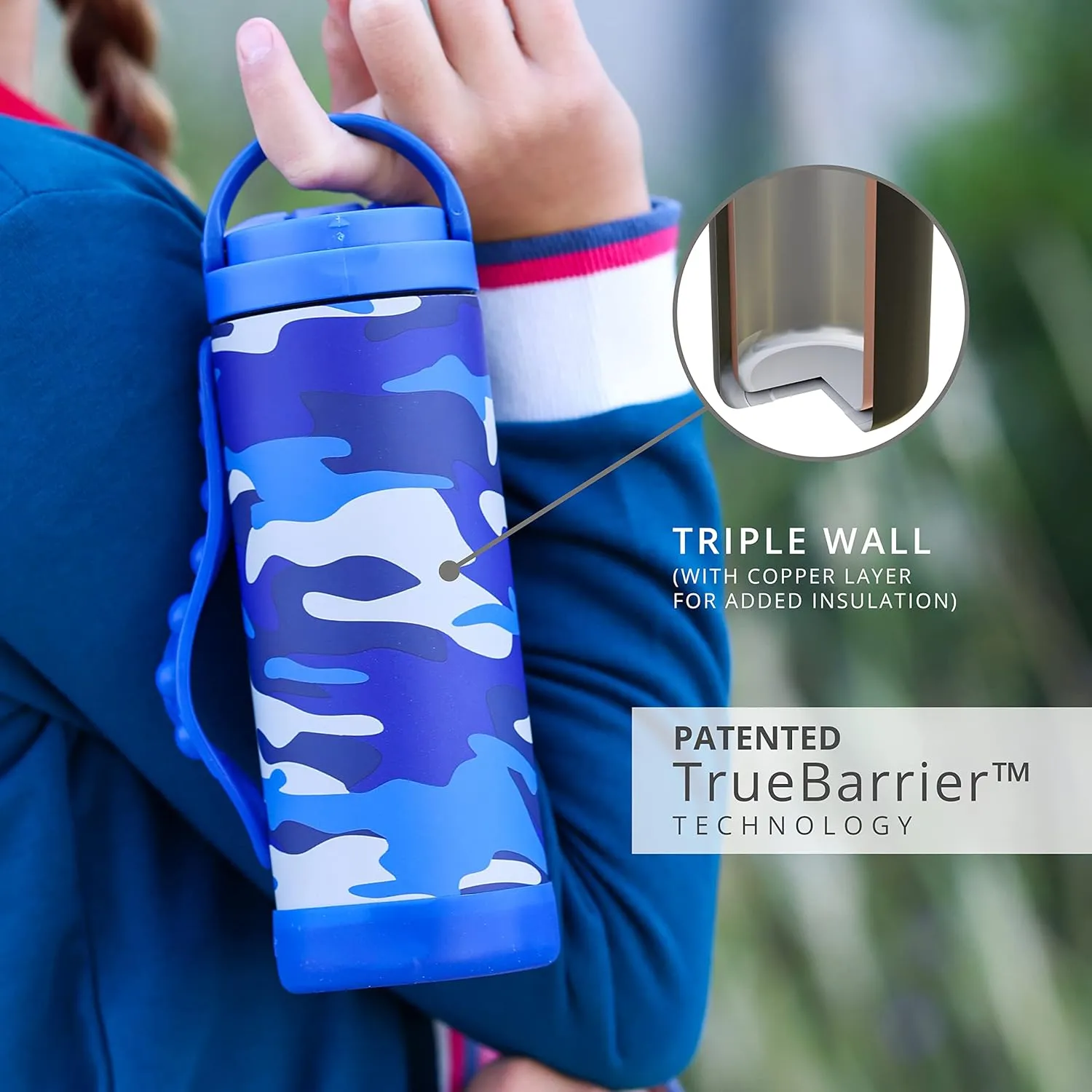 Elemental Iconic Kids Insulated Water Bottle with Straw Lid & Stress Reliever Pop-It Handle, Leak-Proof When Closed - Stainless Steel, 14oz - Blue Camo