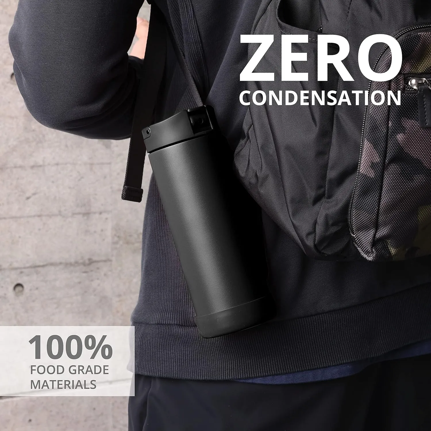Elemental Iconic Kids Insulated Water Bottle with Straw Lid & Stress Reliever Pop-It Handle, Leak-Proof When Closed Water Bottle Kids - Stainless Steel Water Bottle For Kids, 14oz - Black