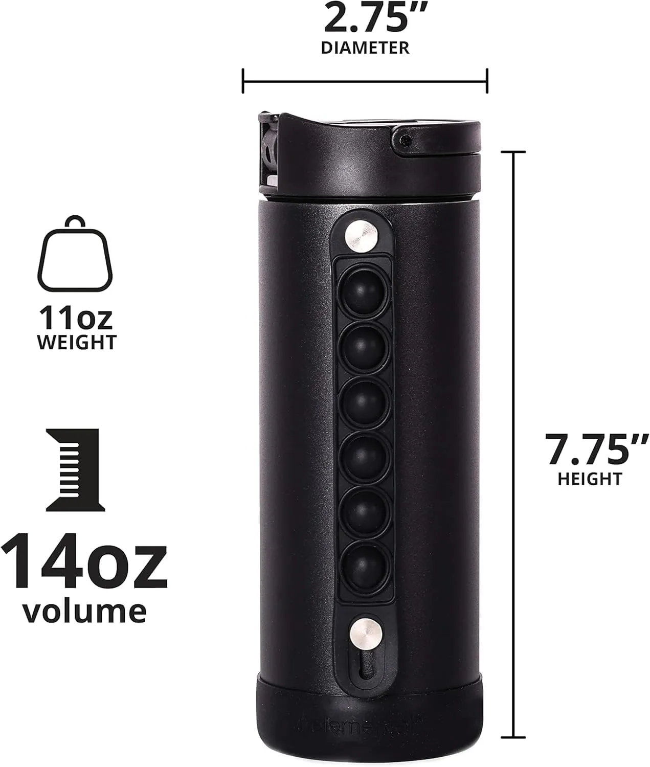 Elemental Iconic Kids Insulated Water Bottle with Straw Lid & Stress Reliever Pop-It Handle, Leak-Proof When Closed Water Bottle Kids - Stainless Steel Water Bottle For Kids, 14oz - Black