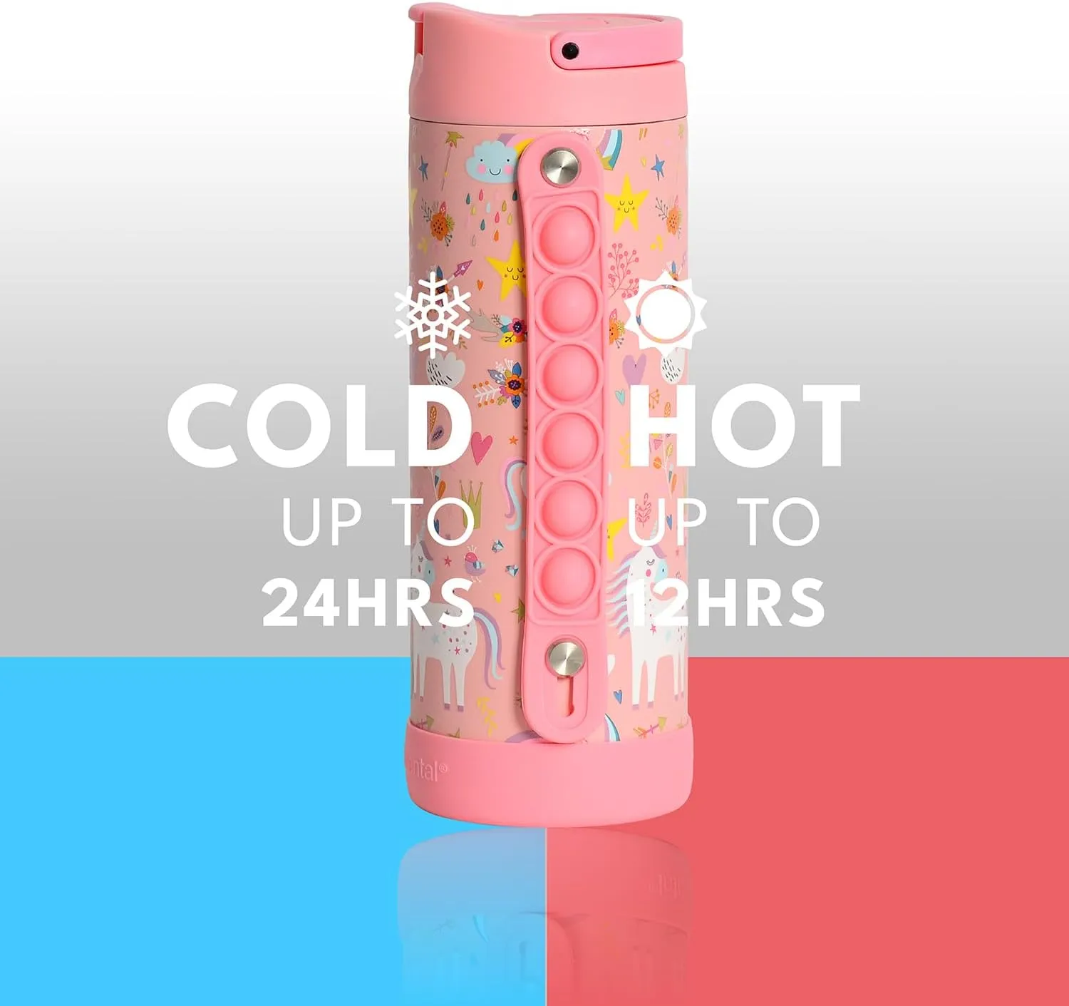 Elemental Iconic Kids Water Bottle with Straw Lid & Stress Relief Pop It Handle, Leak-Proof When Closed, Triple Insulated Kids Stainless Steel Water Bottle For Girls and Boys, 14oz - Pink Unicorn