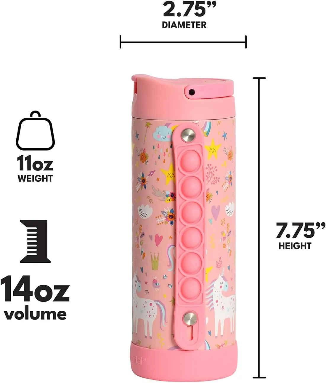 Elemental Iconic Kids Water Bottle with Straw Lid & Stress Relief Pop It Handle, Leak-Proof When Closed, Triple Insulated Kids Stainless Steel Water Bottle For Girls and Boys, 14oz - Pink Unicorn