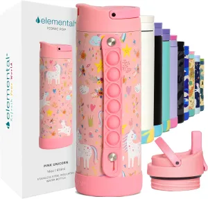 Elemental Iconic Kids Water Bottle with Straw Lid & Stress Relief Pop It Handle, Leak-Proof When Closed, Triple Insulated Kids Stainless Steel Water Bottle For Girls and Boys, 14oz - Pink Unicorn