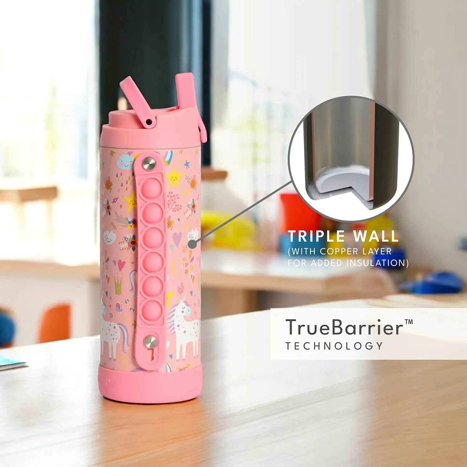 Elemental Iconic Kids Water Bottle with Straw Lid & Stress Relief Pop It Handle, Leak-Proof When Closed, Triple Insulated Kids Stainless Steel Water Bottle For Girls and Boys, 14oz - Pink Unicorn