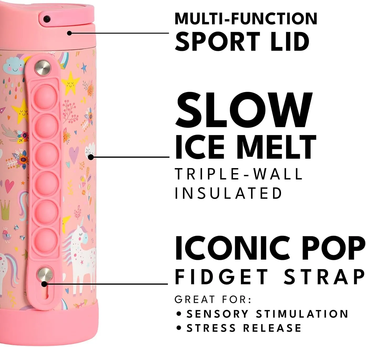Elemental Iconic Kids Water Bottle with Straw Lid & Stress Relief Pop It Handle, Leak-Proof When Closed, Triple Insulated Kids Stainless Steel Water Bottle For Girls and Boys, 14oz - Pink Unicorn