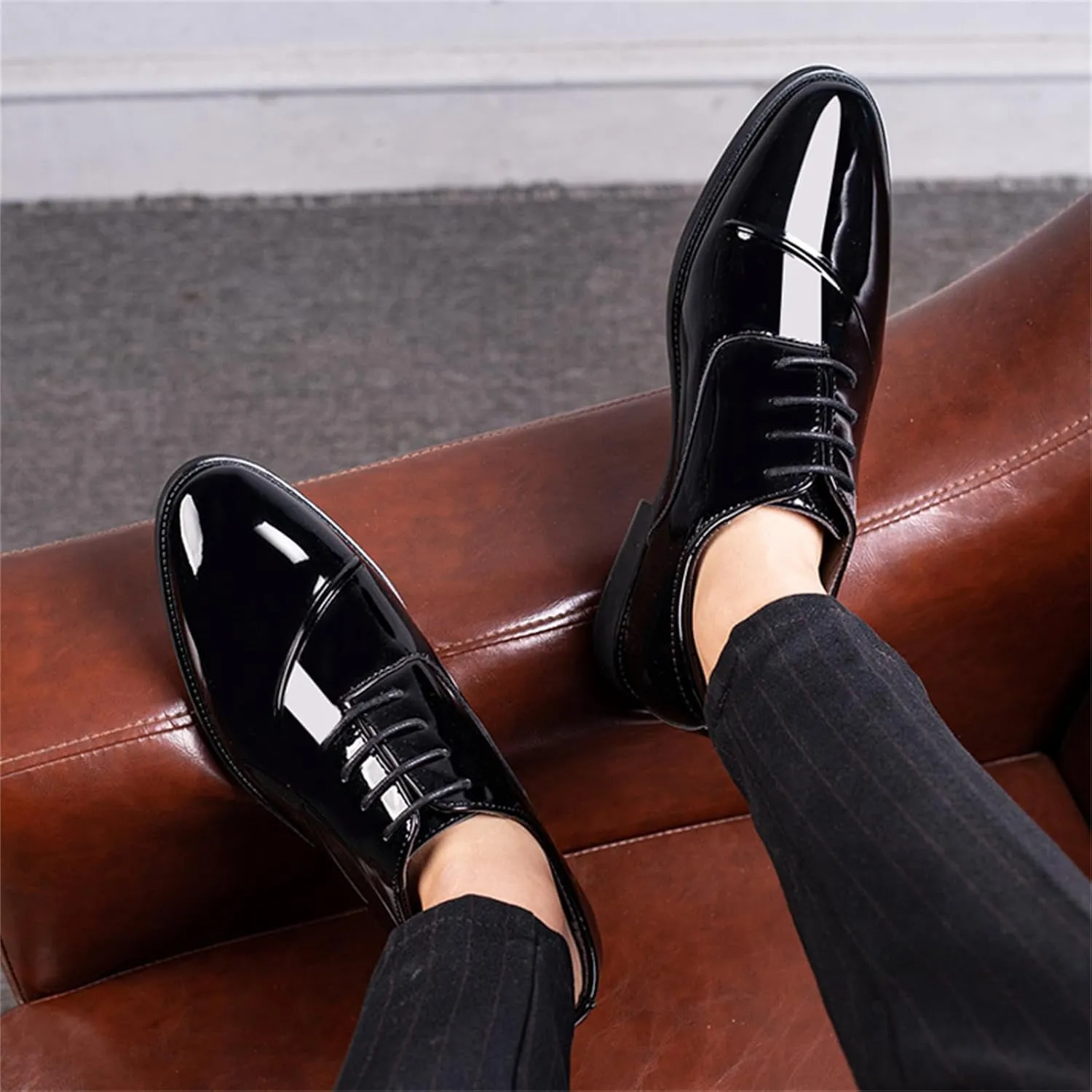 Faux Patent Leather Dress Shoes for Men Classic Lace-up Formal Oxfords Shoes Business Wedding Tuxedo Wingtip Shoes Black
