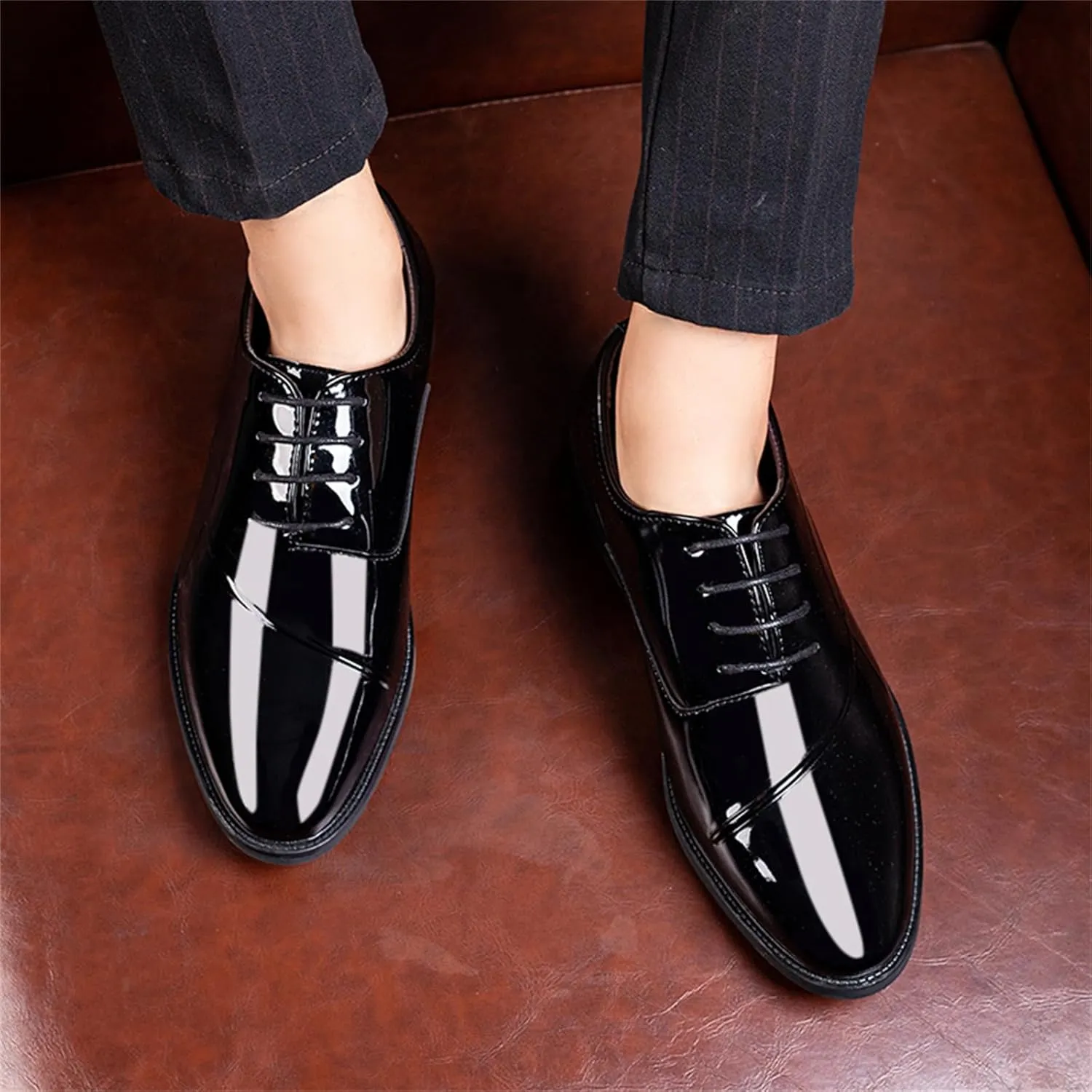 Faux Patent Leather Dress Shoes for Men Classic Lace-up Formal Oxfords Shoes Business Wedding Tuxedo Wingtip Shoes Black