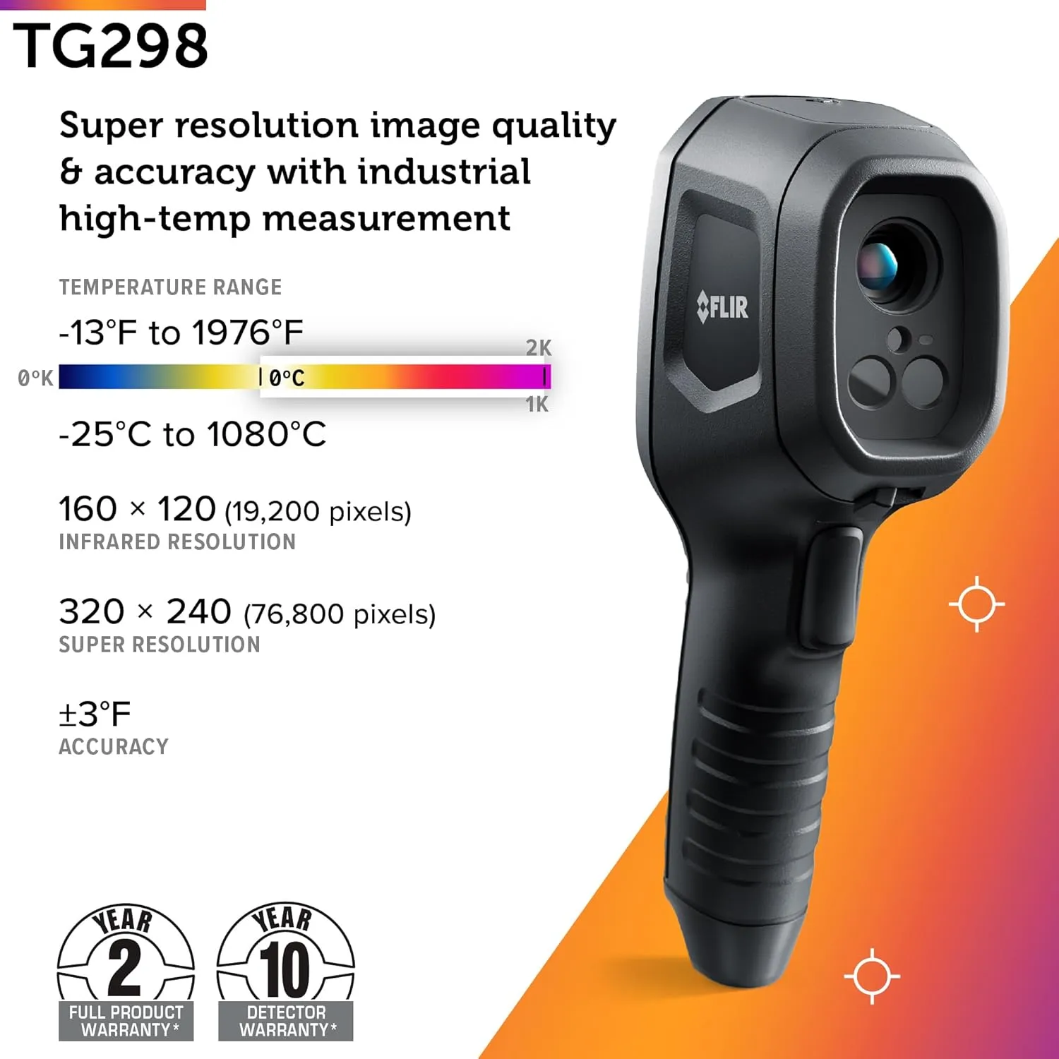FLIR TG298 Thermal Imaging Camera with High Temperature Spot IR Super Resolution 320x240 (160x120 Native IR) and Bullseye Laser: Industrial Infrared Spot Camera for High-Temp Applications
