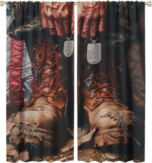 Funny Brown Boot Blackout Curtains for Bedroom Living Room, Rod Pocket American Flag Tag Stripe Curtains Thermal Insulated Window Drapes 2 Panels, Each 21W x 54L