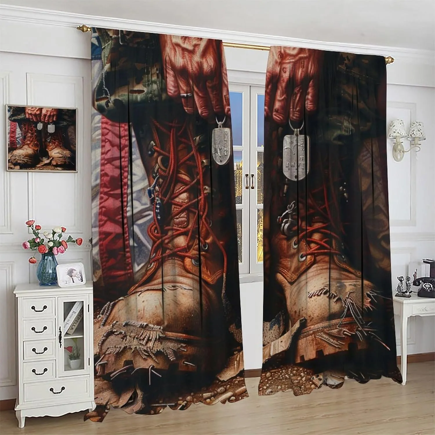 Funny Brown Boot Blackout Curtains for Bedroom Living Room, Rod Pocket American Flag Tag Stripe Curtains Thermal Insulated Window Drapes 2 Panels, Each 21W x 54L