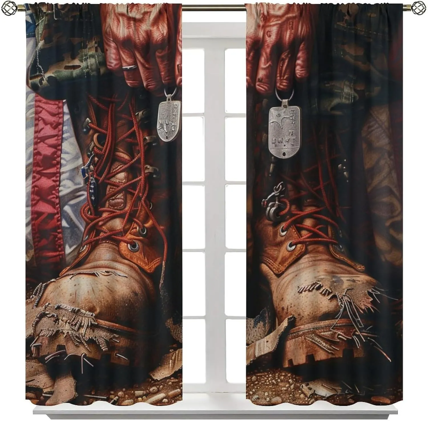 Funny Brown Boot Blackout Curtains for Bedroom Living Room, Rod Pocket American Flag Tag Stripe Curtains Thermal Insulated Window Drapes 2 Panels, Each 21W x 54L