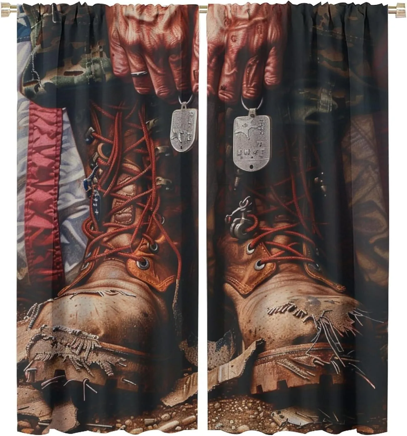 Funny Brown Boot Blackout Curtains for Bedroom Living Room, Rod Pocket American Flag Tag Stripe Curtains Thermal Insulated Window Drapes 2 Panels, Each 21W x 54L