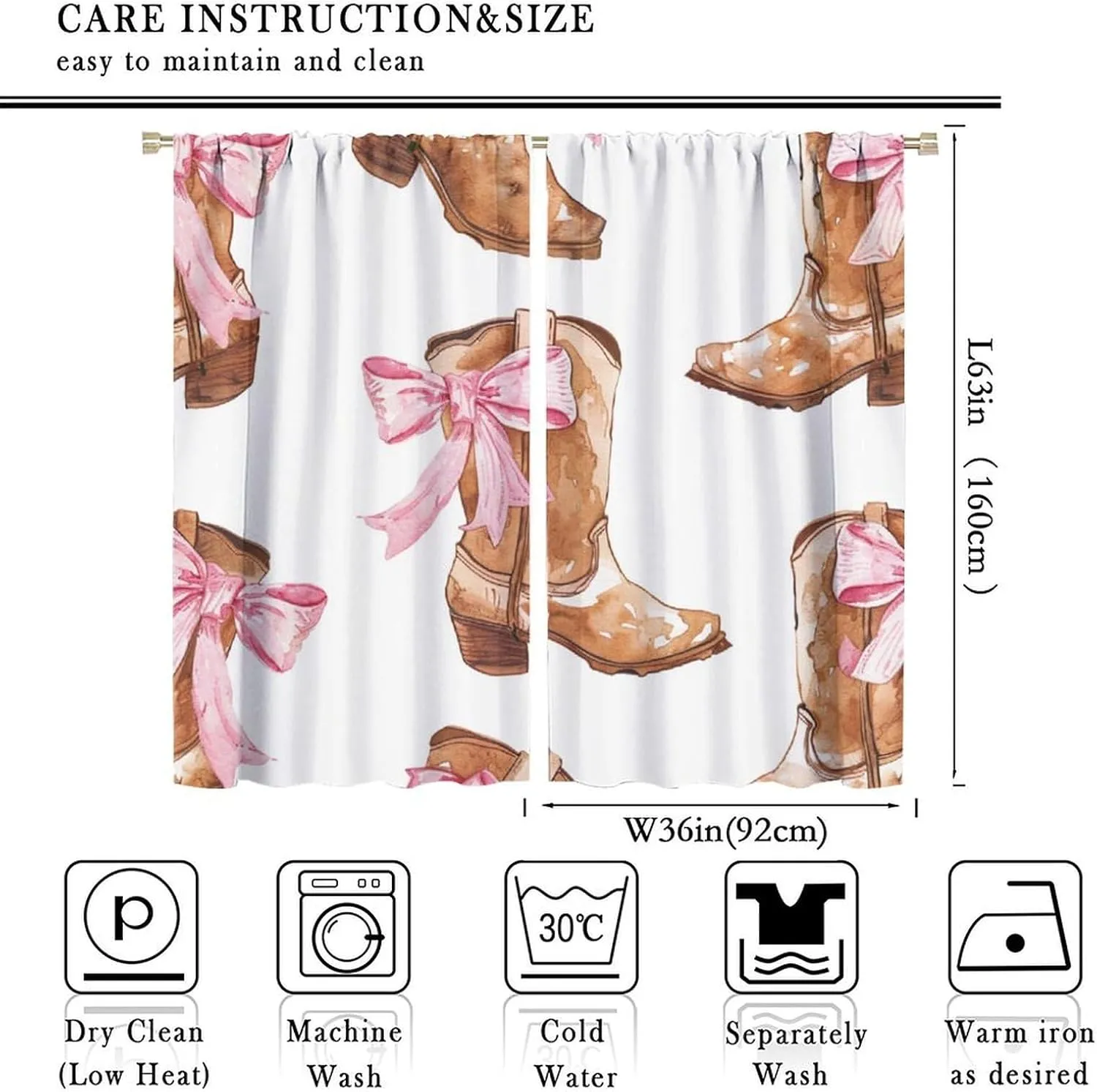 Funny Cowboy Boot Blackout Curtains for Bedroom Living Room, Rod Pocket Cartoon Shoe Bowknot Curtains Thermal Insulated Window Drapes 2 Panels, Each 36W x 63L