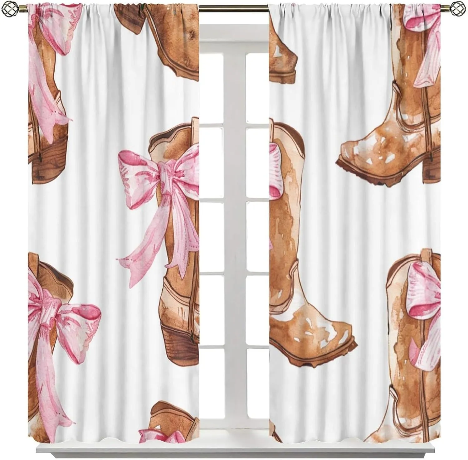 Funny Cowboy Boot Blackout Curtains for Bedroom Living Room, Rod Pocket Cartoon Shoe Bowknot Curtains Thermal Insulated Window Drapes 2 Panels, Each 36W x 63L