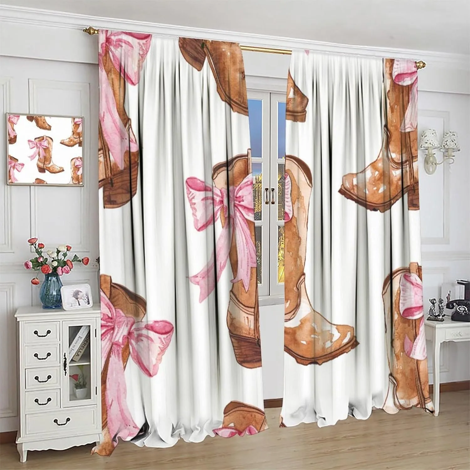 Funny Cowboy Boot Blackout Curtains for Bedroom Living Room, Rod Pocket Cartoon Shoe Bowknot Curtains Thermal Insulated Window Drapes 2 Panels, Each 36W x 63L