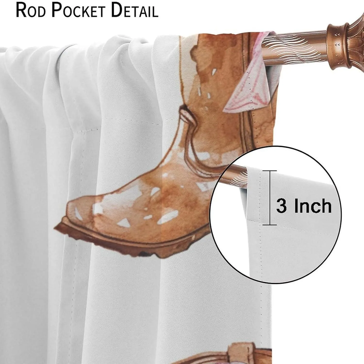 Funny Cowboy Boot Blackout Curtains for Bedroom Living Room, Rod Pocket Cartoon Shoe Bowknot Curtains Thermal Insulated Window Drapes 2 Panels, Each 36W x 63L