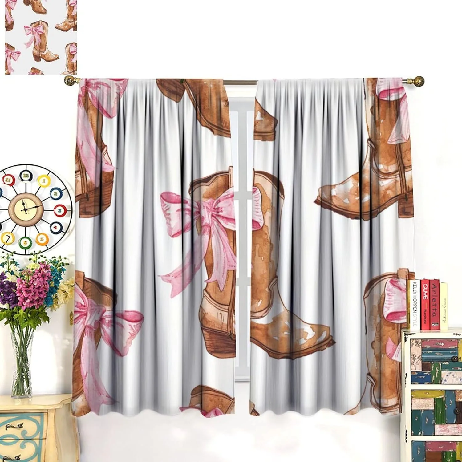 Funny Cowboy Boot Blackout Curtains for Bedroom Living Room, Rod Pocket Cartoon Shoe Bowknot Curtains Thermal Insulated Window Drapes 2 Panels, Each 36W x 63L