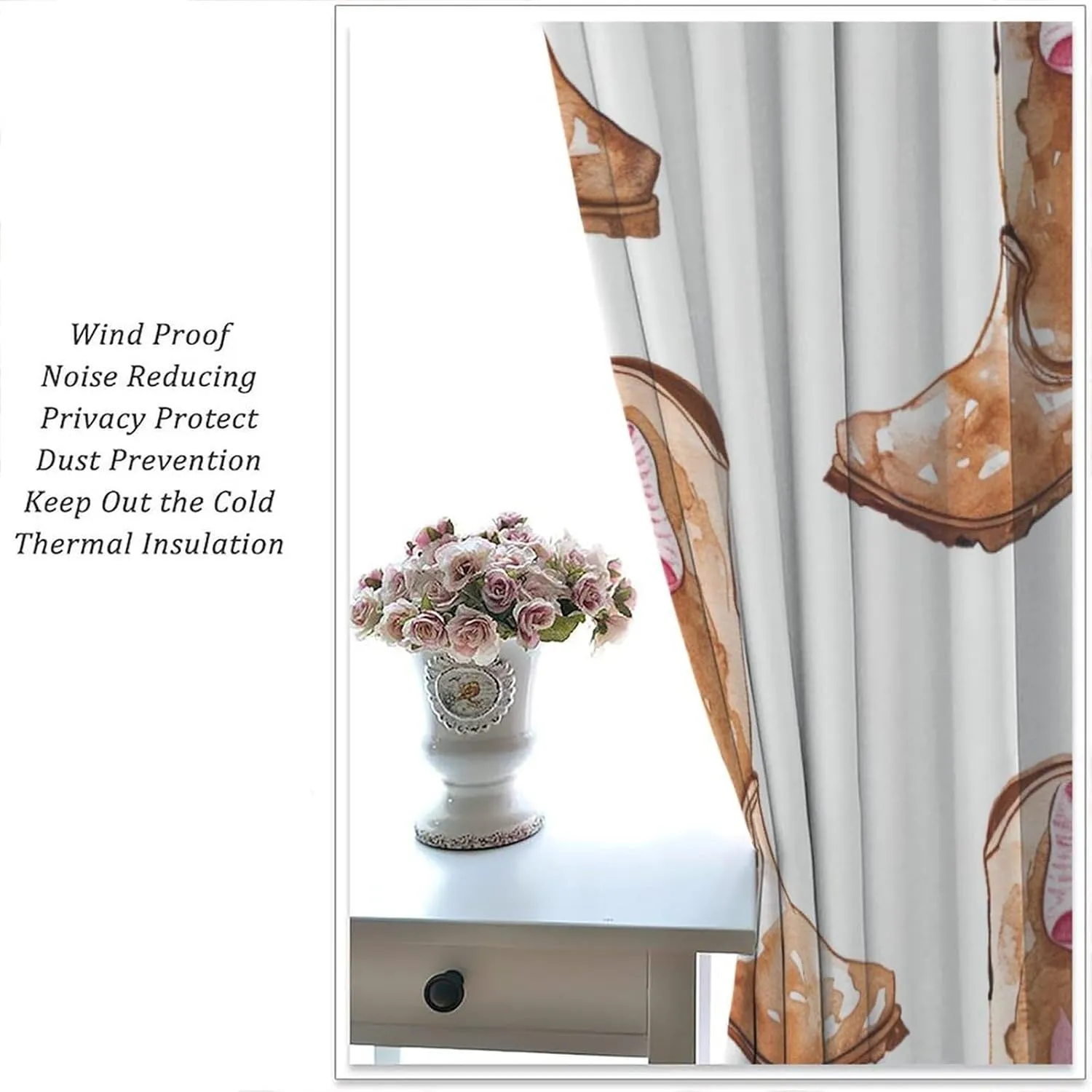 Funny Cowboy Boot Blackout Curtains for Bedroom Living Room, Rod Pocket Cartoon Shoe Bowknot Curtains Thermal Insulated Window Drapes 2 Panels, Each 36W x 63L