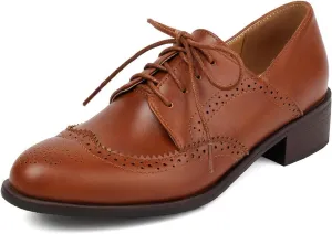GORBINETI Women's Perforated Lace up Business Oxford Wingtip Round Toe Multicolor Leather Flat Oxford Retro Brogues Dress Shoes