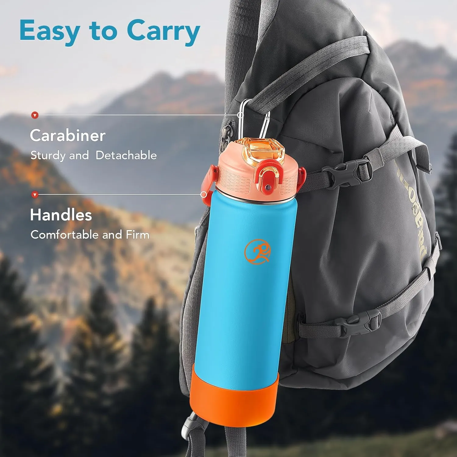 GOSWAG 24 oz Insulated Stainless Steel Water Bottle, Sports Water Bottle with Straw/No Straw Options, 2 Lids, Handle, Silicone Boot for School and Travel, Thermos with Double-Wall Vacuum Insulation