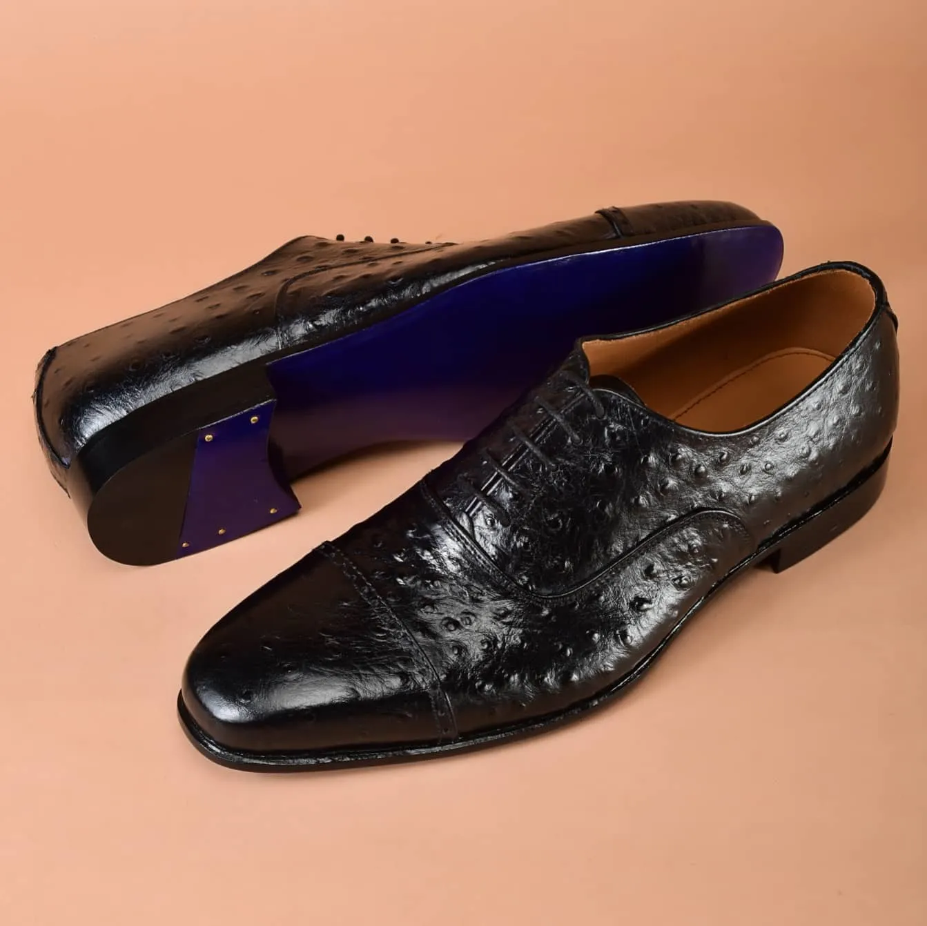 Handmade Black Ostrich Leather Oxford Dress Shoes for Men