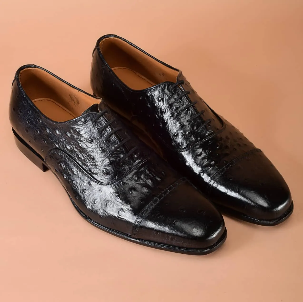 Handmade Black Ostrich Leather Oxford Dress Shoes for Men