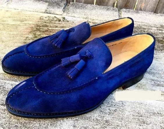 Handmade Men Royal Blue Color Tassel Loafer Slip On Apron Toe Formal Dress Shoes