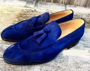Handmade Men Royal Blue Color Tassel Loafer Slip On Apron Toe Formal Dress Shoes