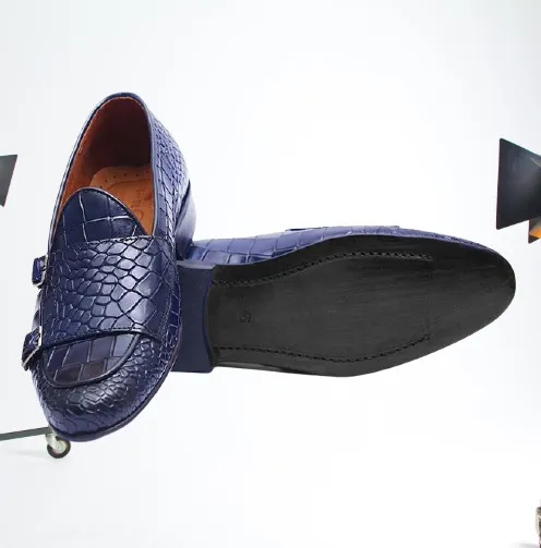 Handmade Mens blue crocodile monk shoes, Men blue Loafer shoes
