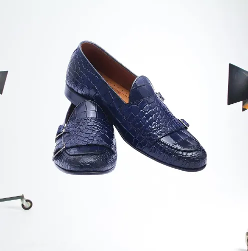 Handmade Mens blue crocodile monk shoes, Men blue Loafer shoes