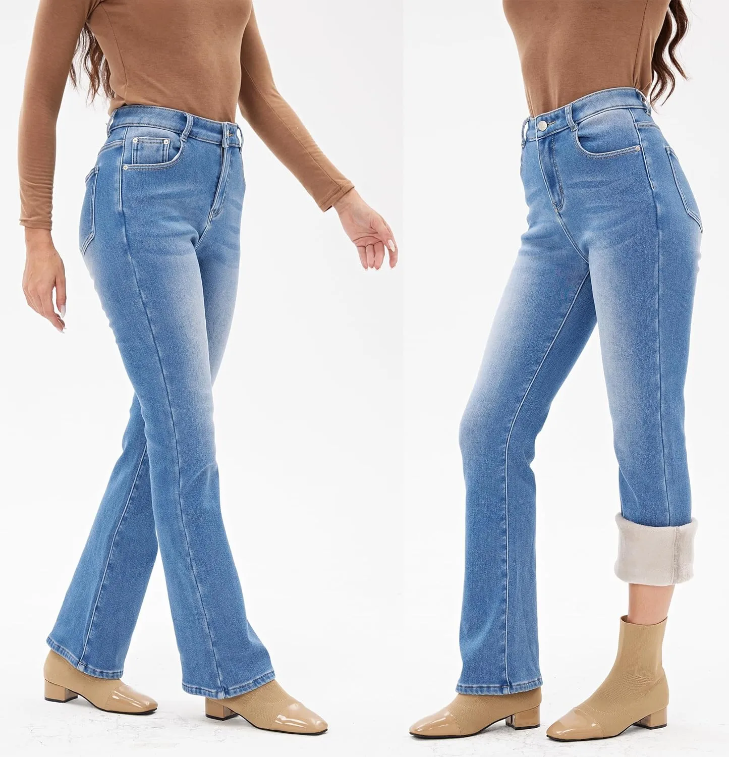 heipeiwa Women's Winter Fleece Lined Thermal Flare Bootcut Jeans High Waist Denim Pants