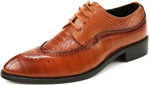 HOOENG Dress Oxford Shoes for Men Lace Up Brogue Embossed Crocodile Embossed Leather Low Top Slip Resistant Rubber Sole Wedding (Color : Yellow, Size : 7)