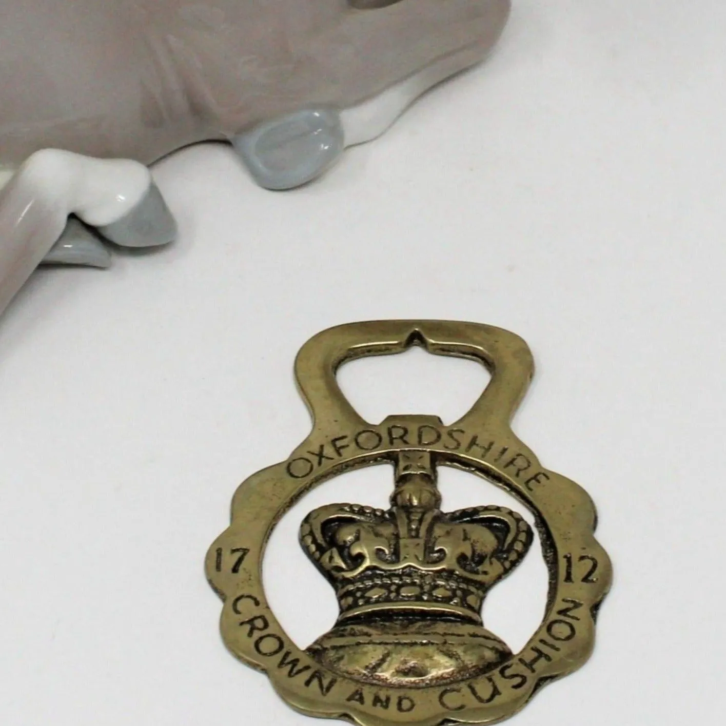 Horse Brass Bridle Harness Medallion, Oxfordshire Crown & Cushions 1712, Bottle Opener, Vintage Collectibles