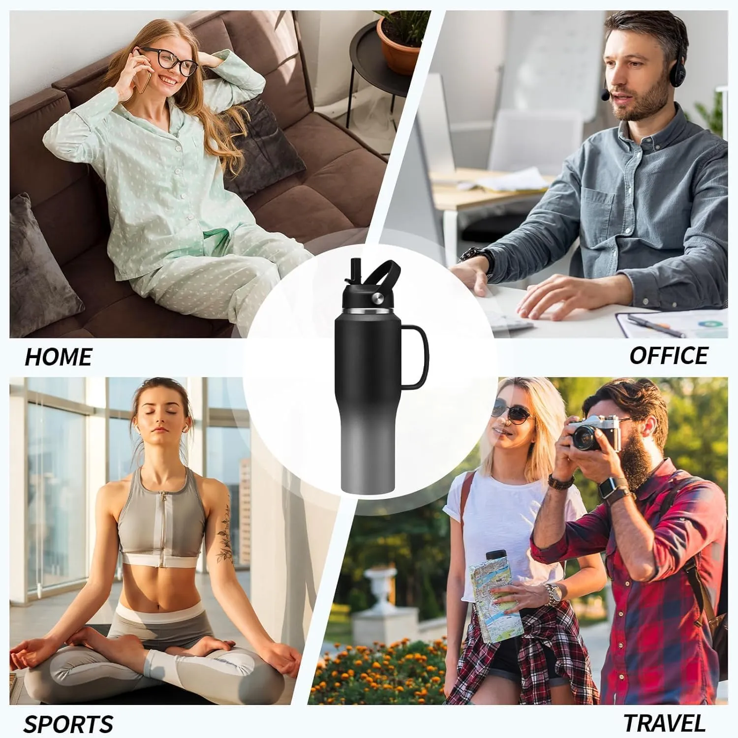Insulated Water-Bottle 32oz Tumbler with Handle and Straw - Keep Cold 48h & Hot 24h, Slim Stainless Steel Water Bottle that Fits in The Cupholder, Thermo Flask Metal Coffee Tumbler Travel Mug