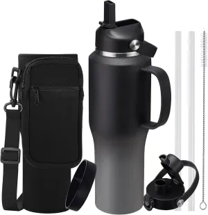 Insulated Water-Bottle 32oz Tumbler with Handle and Straw - Keep Cold 48h & Hot 24h, Slim Stainless Steel Water Bottle that Fits in The Cupholder, Thermo Flask Metal Coffee Tumbler Travel Mug