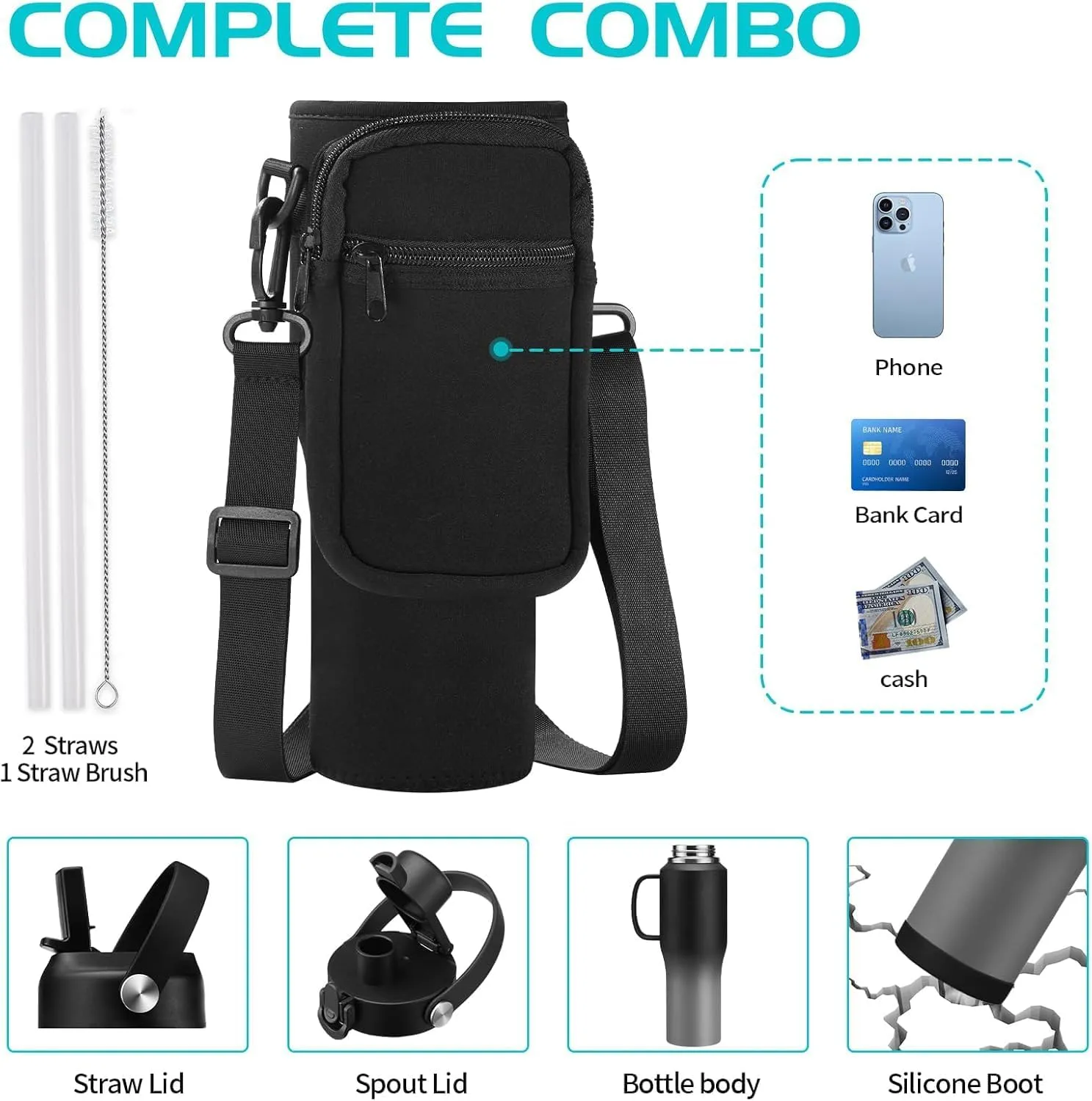 Insulated Water-Bottle 32oz Tumbler with Handle and Straw - Keep Cold 48h & Hot 24h, Slim Stainless Steel Water Bottle that Fits in The Cupholder, Thermo Flask Metal Coffee Tumbler Travel Mug