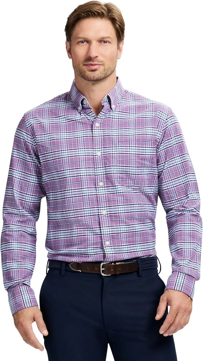 IZOD Men's Dress Shirt Classic Fit Pinpoint Oxford Long Sleeve All Over Stretch Button Down Collar
